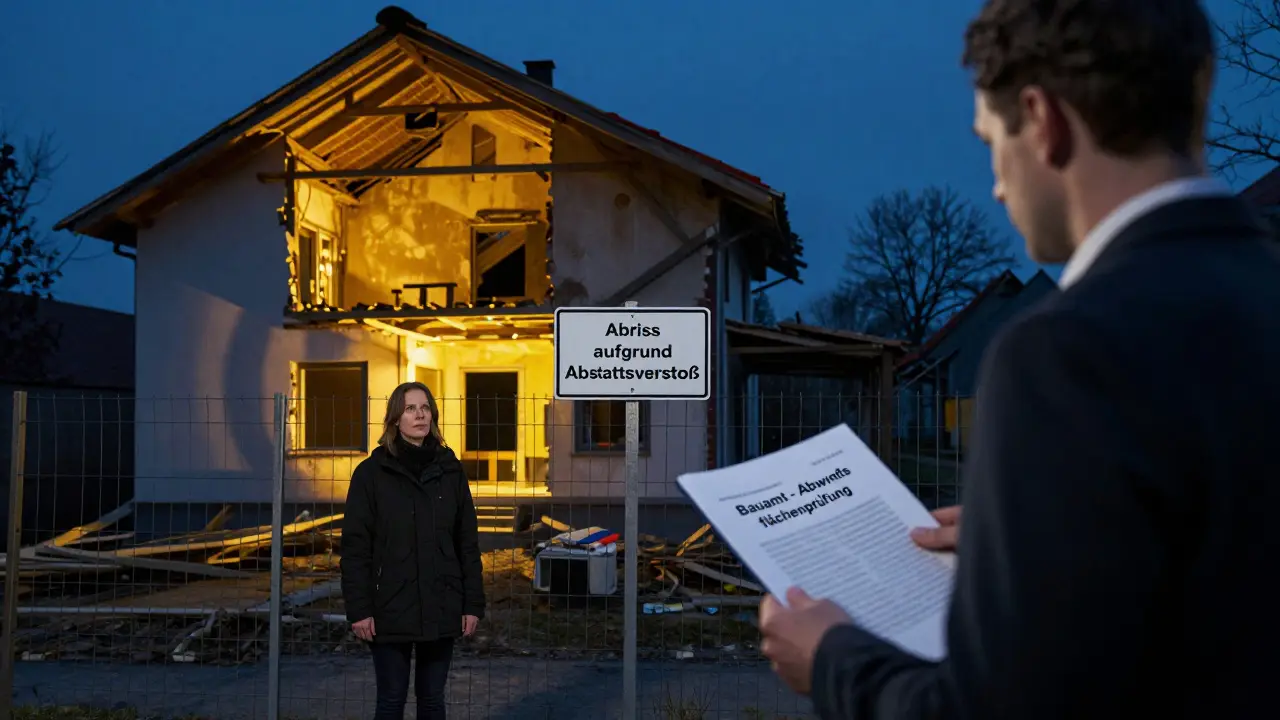 Ein teilweise abgerissenes Haus mit Baustellenschild und Anwalt, der einen Bauaktenordner hält.