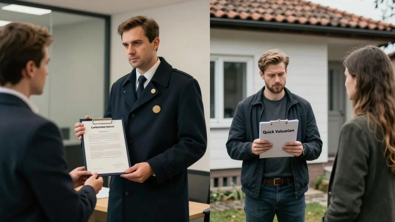 Ein zertifizierter Gutachter übergibt ein offizielles Gutachten an eine Bank, während ein unqualifizierter Anbieter ignoriert wird.