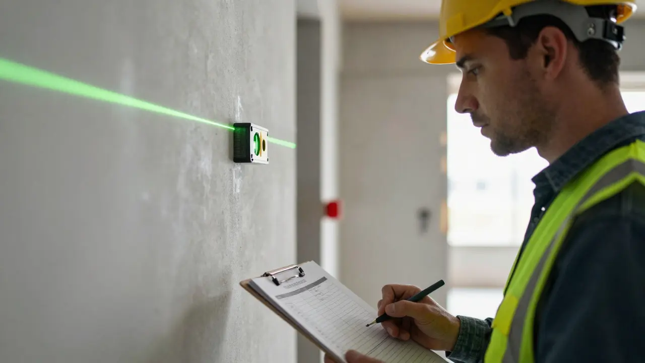 Fachmann prüft Wand mit Laserlevel, genaue Ausrichtung.