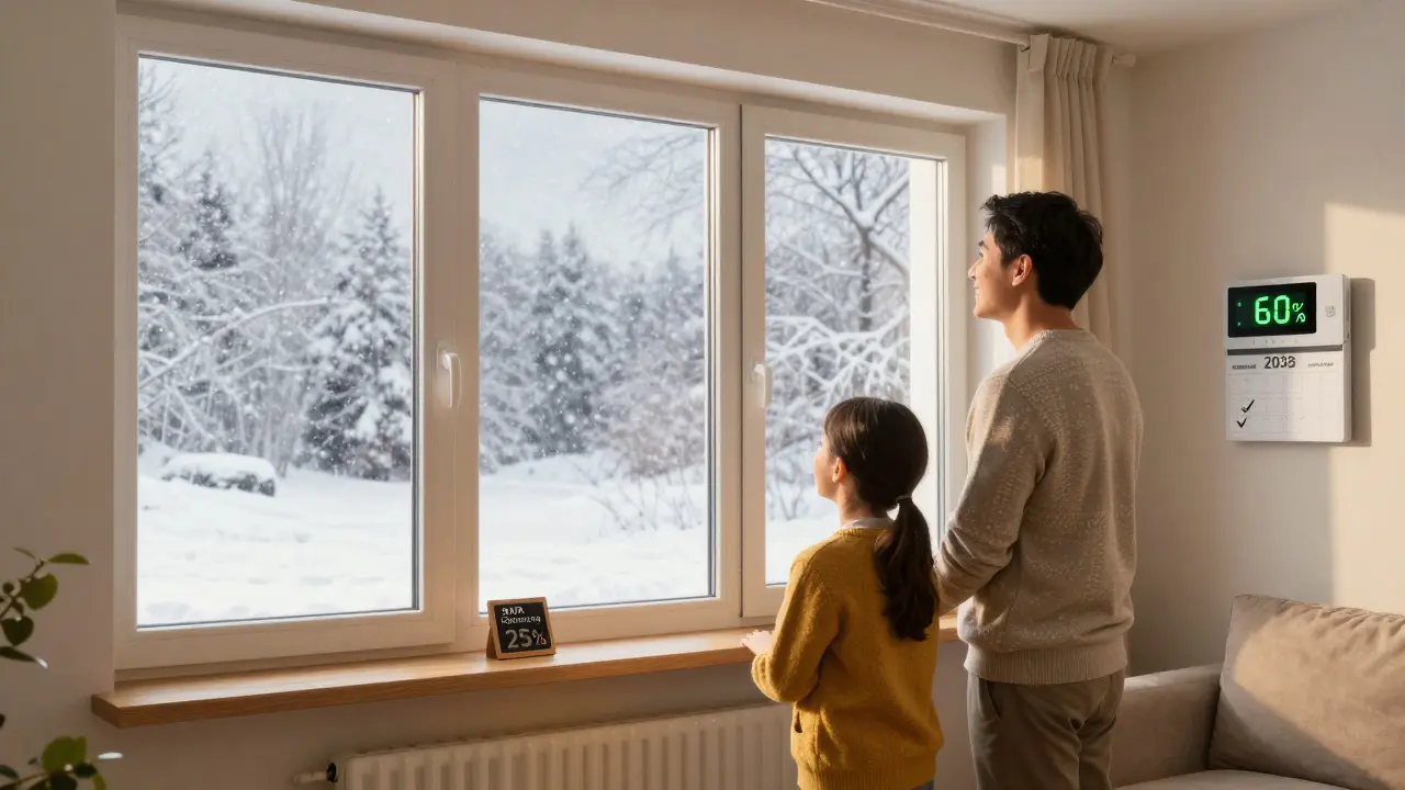 Familie in einem warmen Wohnraum mit modernen Fenstern, Schnee fällt draußen, Energie-Monitor zeigt gesparte Heizkosten.