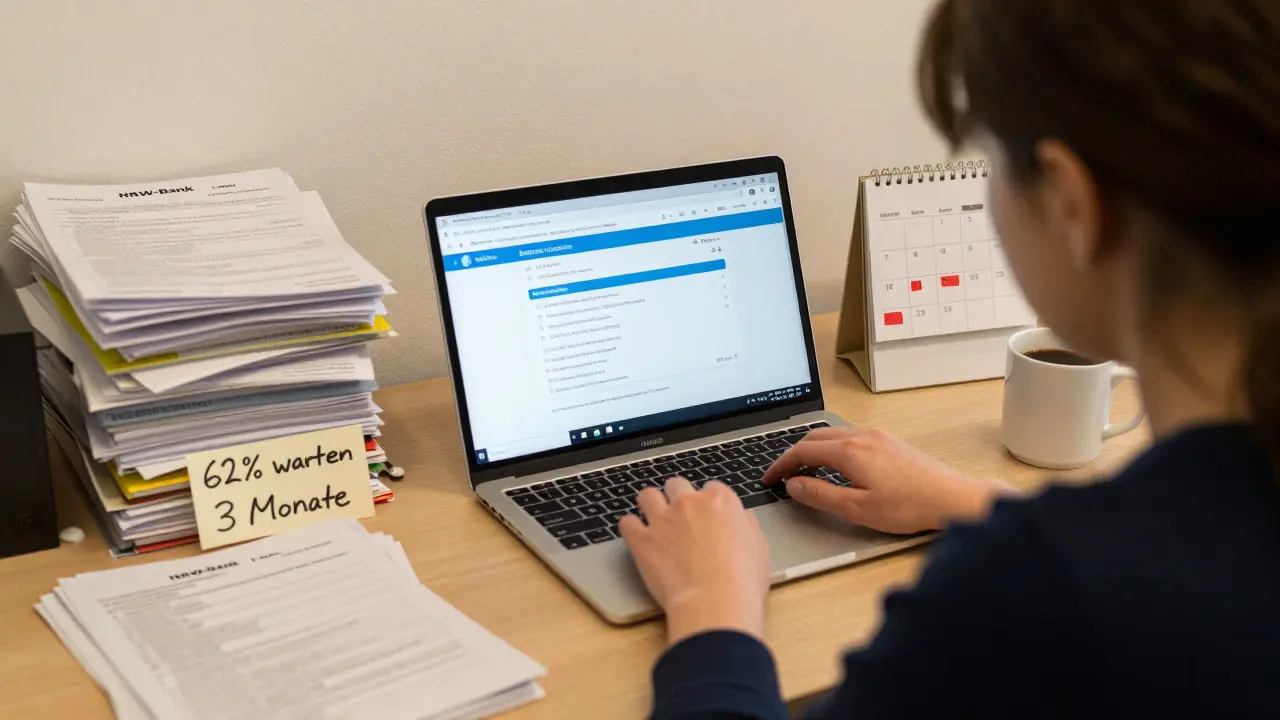 Frau an einem Tisch mit Förderunterlagen und Laptop, Kalender mit langer Wartezeit markiert.
