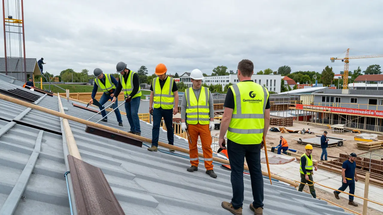 Generalunternehmer leitet koordinierte Handwerker auf einer Baustelle, während daneben unkoordinierte Arbeiter Verzögerungen verursachen.