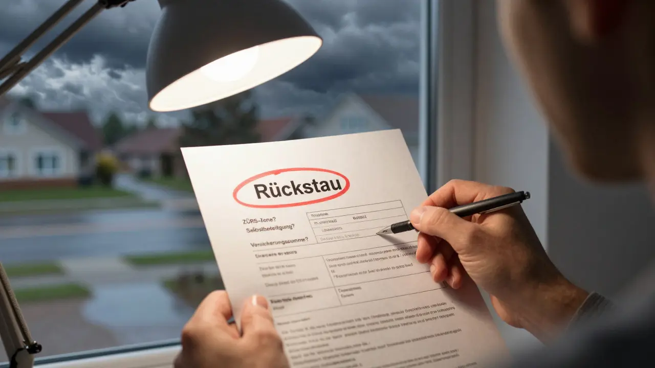 Hausbesitzer prüft Versicherungsvertrag mit rotem Kreis um 'Rückstau', daneben eine Checkliste, draußen regnet es.