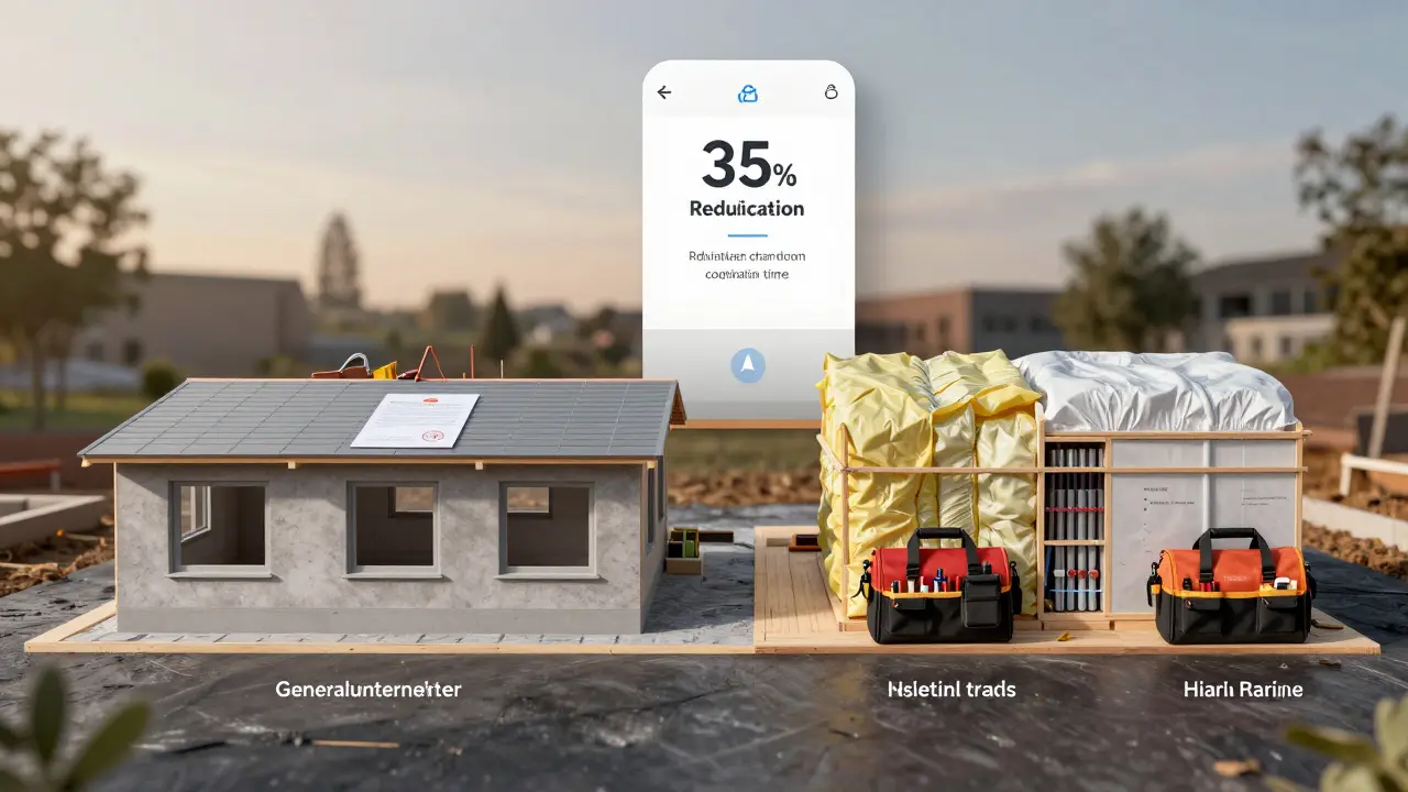 Hybrides Baukonzept: Generalunternehmer für Grundgewerke, Einzelvergabe für Spezialisten, mit digitaler Koordinations-App als zentrales Element.