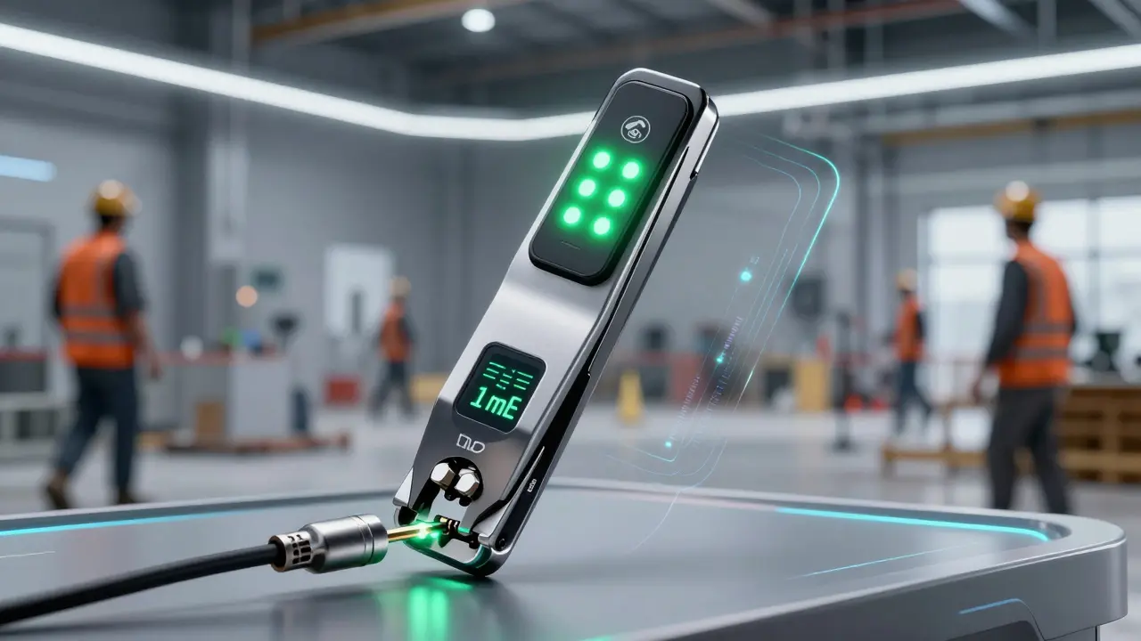 Intelligente Crimpzange mit LED-Anzeige, die eine normkonforme Verbindung bestätigt.