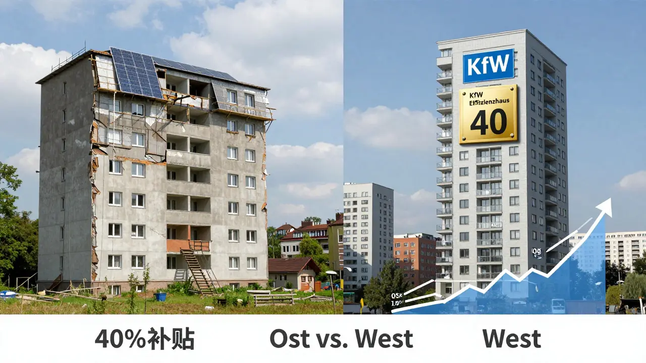 Kontrast zwischen saniertem Ostdeutschland und modernem Neubau in Berlin mit Energiestandards.