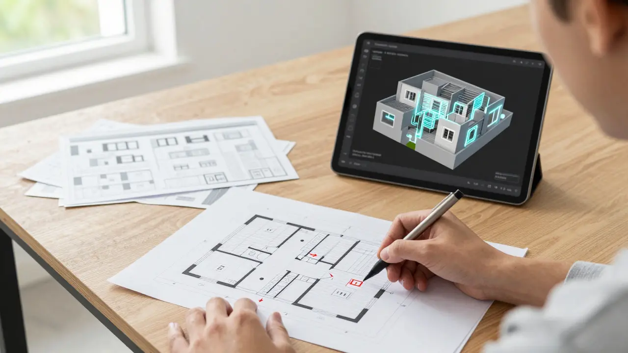 Person beschriftet einen Elektroplan mit Stift, während ein Tablet eine 3D-Darstellung der Leitungen zeigt.