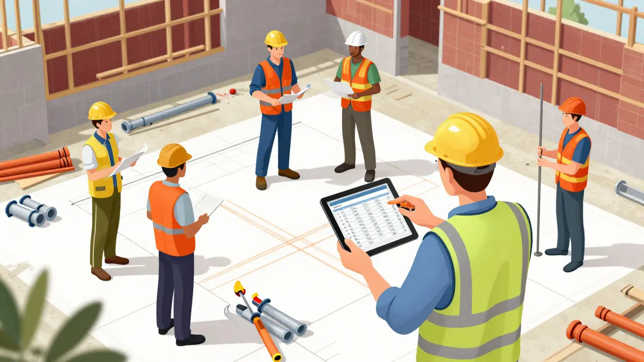 Projektleiter koordiniert Handwerker mit Tablet auf Baustelle.