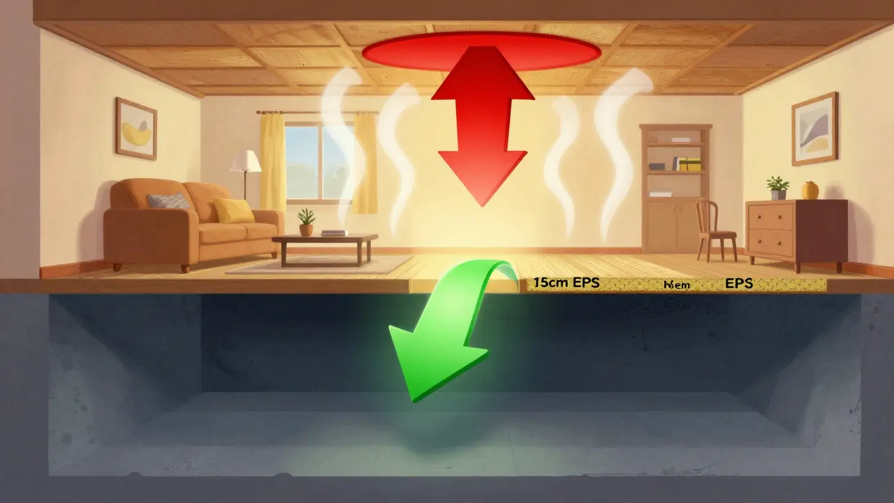 Querschnitt eines Hauses: Wärmeverlust durch ungedämmte Decke vs. effektive Dämmung mit EPS-Platten als Barriere.
