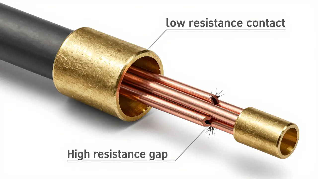 Querschnittsanzeige einer richtig und falsch crimpeten Kabelverbindung mit Unterschieden im Kontakt.
