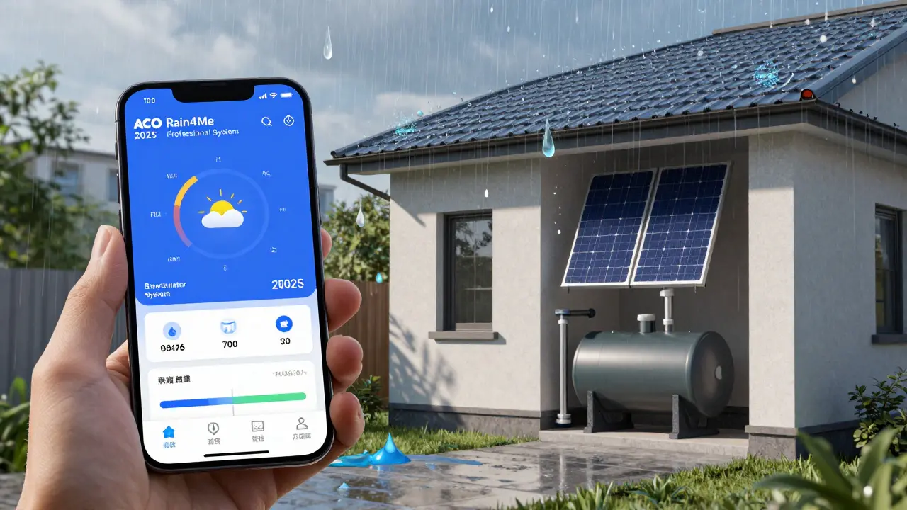 Smartes Regenwassersystem mit Smartphone-Display, das Füllstand und Wetterdaten zeigt, kombiniert mit solarbetriebener Pumpe.