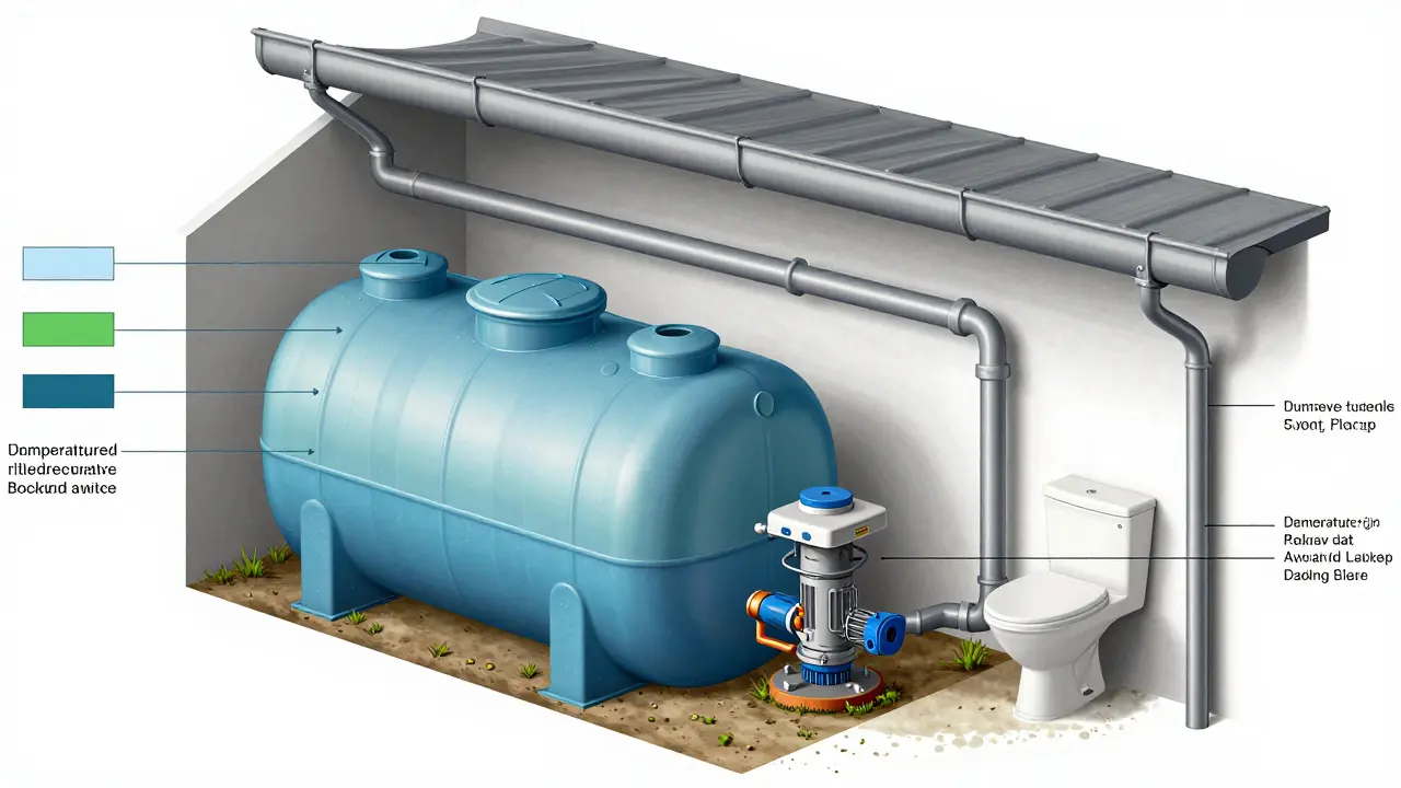 Technische Schnittansicht eines Regenwassersystems mit Dachrinne, Filter, unterirdischem Tank und Anschlüssen an WC und Waschmaschine.