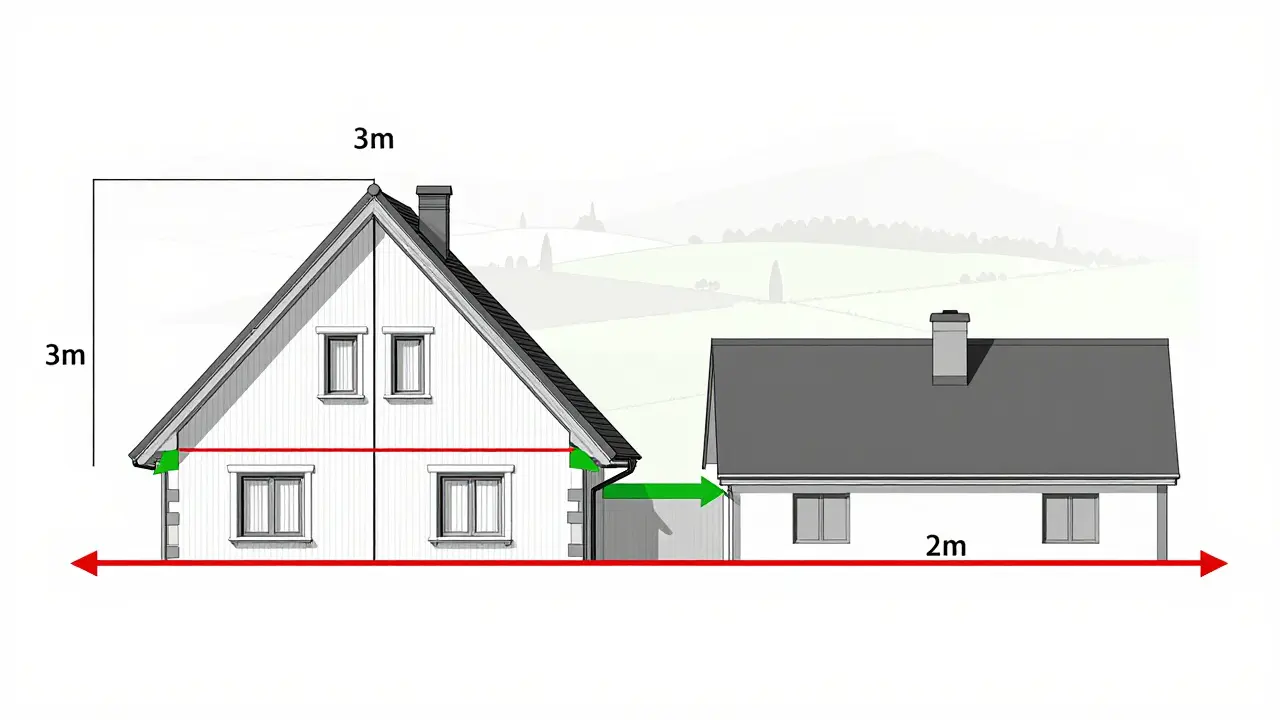 Technische Zeichnung mit Dachformen und Abstandsflächen-Berechnung für Nachbargrundstücke.
