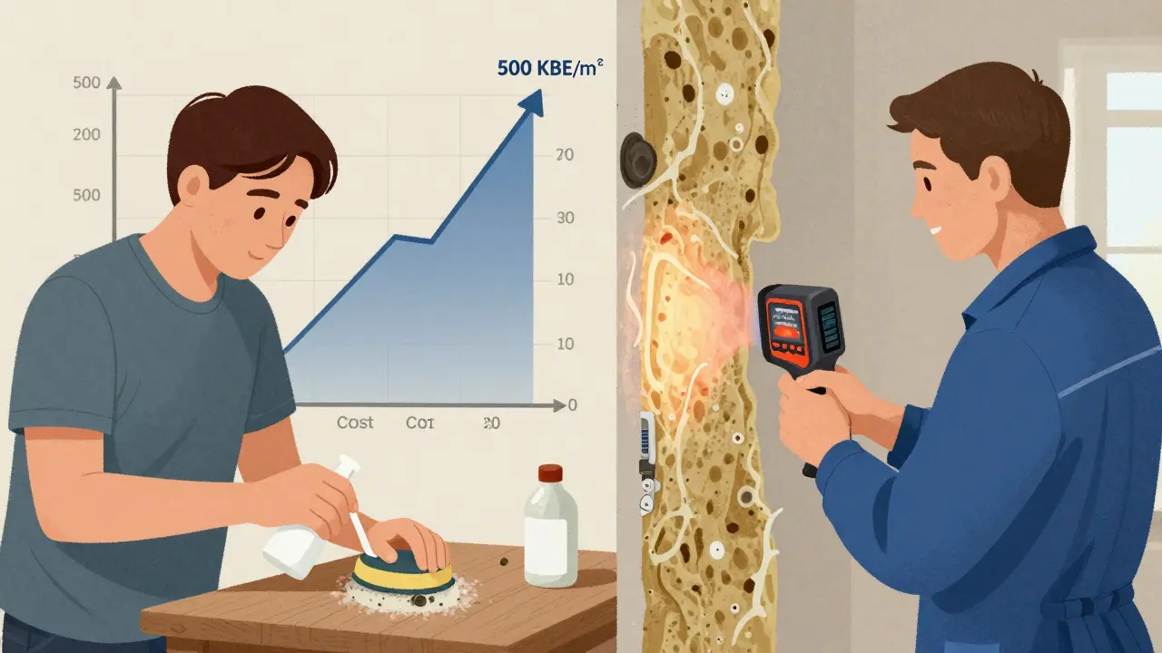 Vergleich: Amateurbeseitigung links, professionelle Sanierung rechts mit Messgeräten und Trocknungstechnik.