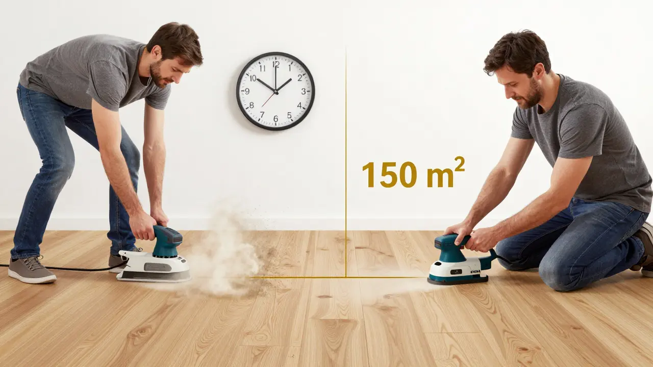 Vergleich: Einheimischer mit billiger Mietmaschine und staubiger Arbeit vs. jemand mit intelligenter Festool-Maschine und sauberem Ergebnis.