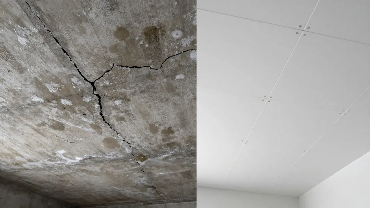 Vergleich: Schimmelige, feuchte Kellerdecke links vs. sauber gedämmte Decke mit EPS-Platten rechts.