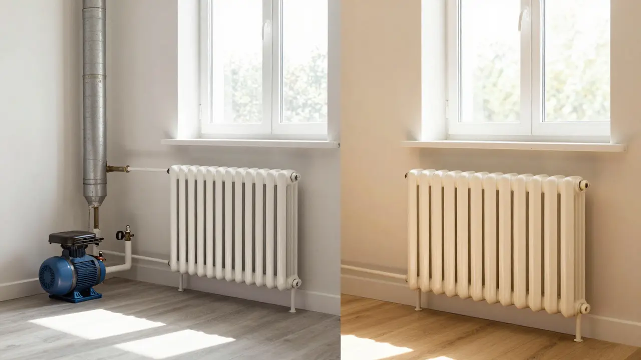 Vorher: chaotische Heizung — nachher: gleichmäßige, ruhige Wärmeverteilung.