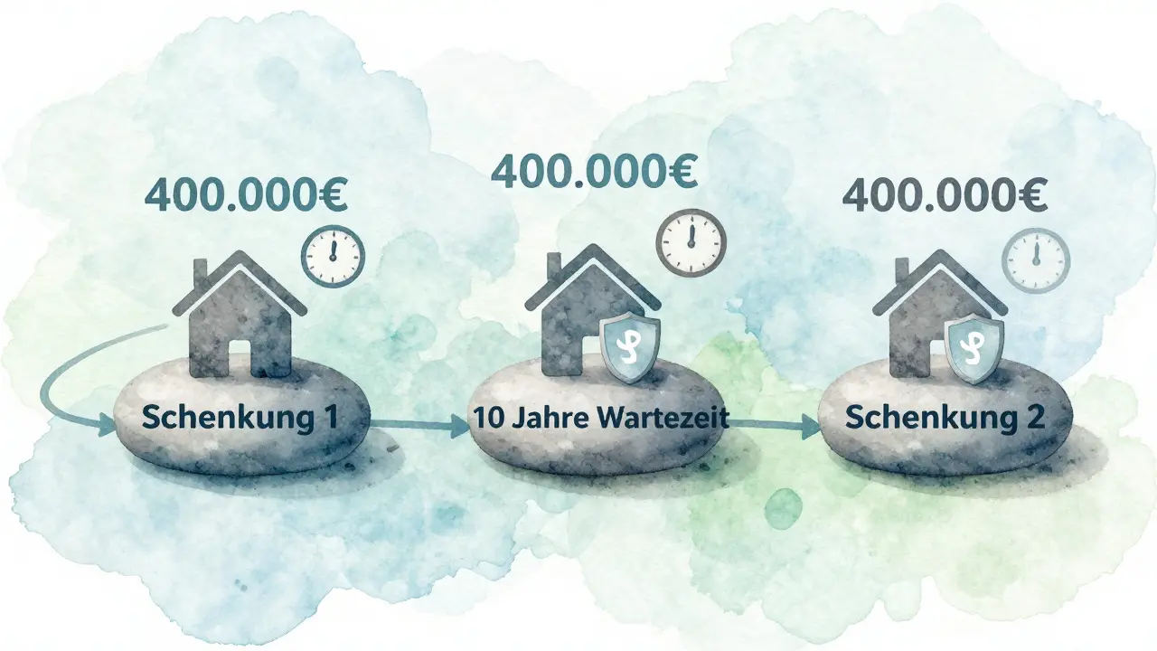 Zeitlinie mit drei Schritten zur steuerfreien Übertragung einer Ferienimmobilie über zehn Jahre.