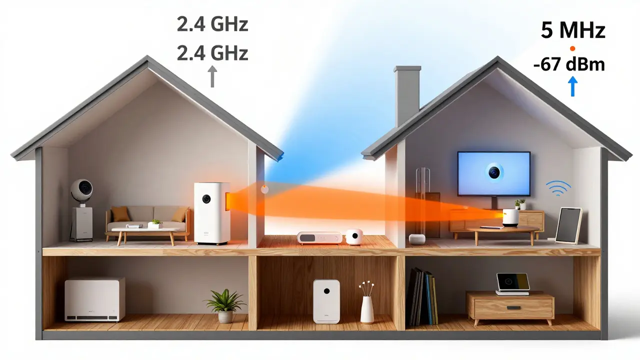 Cross-Section eines Hauses mit 2,4-GHz-Signal (orange), das alle Räume abdeckt, während 5-GHz (blau) nur begrenzt reicht.