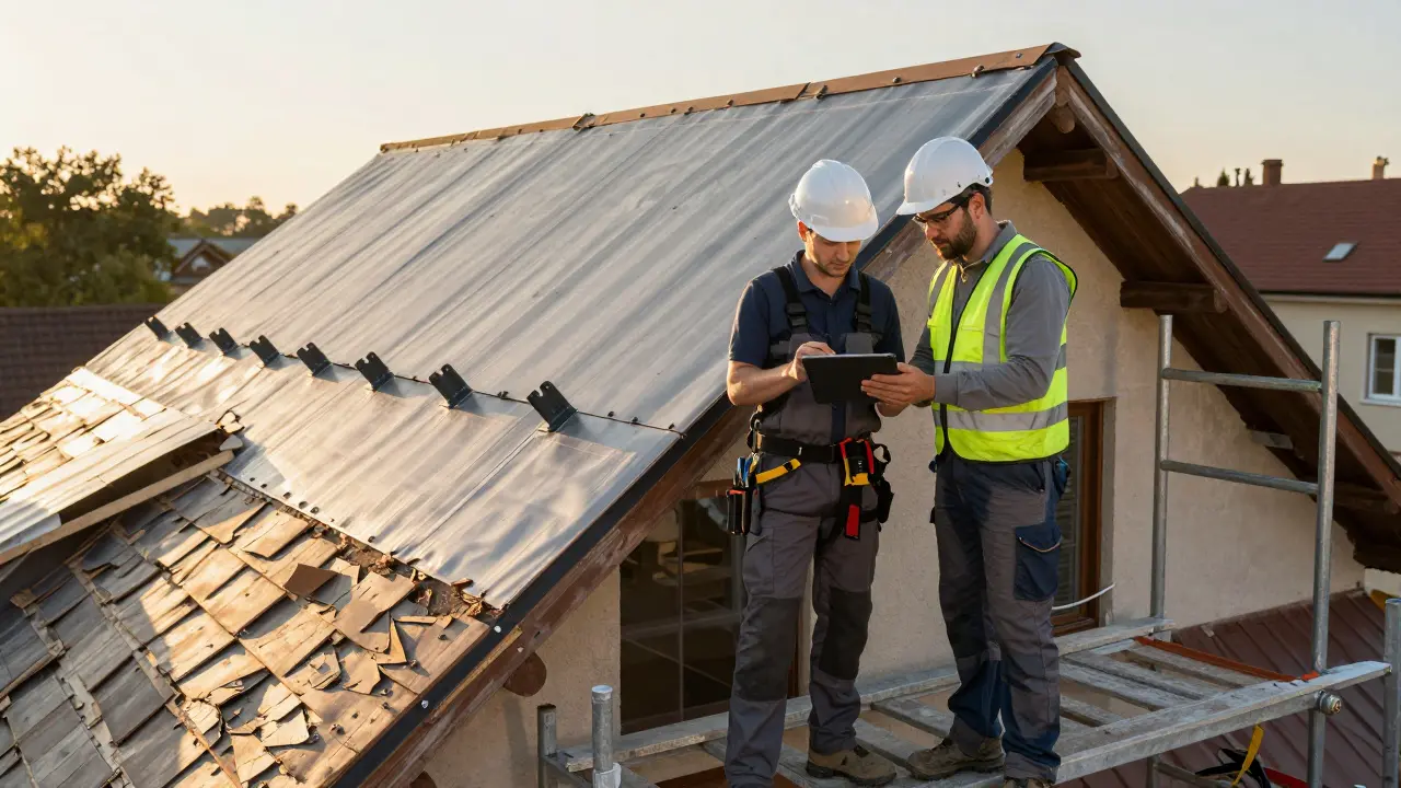 Dachdecker überprüfen eine digitale Windlastberechnung an einem sanierungsbedürftigen Dach.