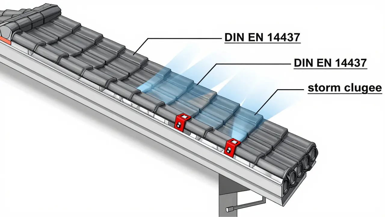 Dachquerschnitt mit markierten Windlastzonen und präzise platzierten Sturmklammern nach DIN-Norm.