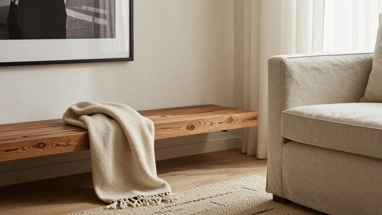 Detailansicht: Bouclé-Sofa, Leinenkissen und holzene Regale in warmen Beigetönen mit dunklem Akzent und weichem Licht.