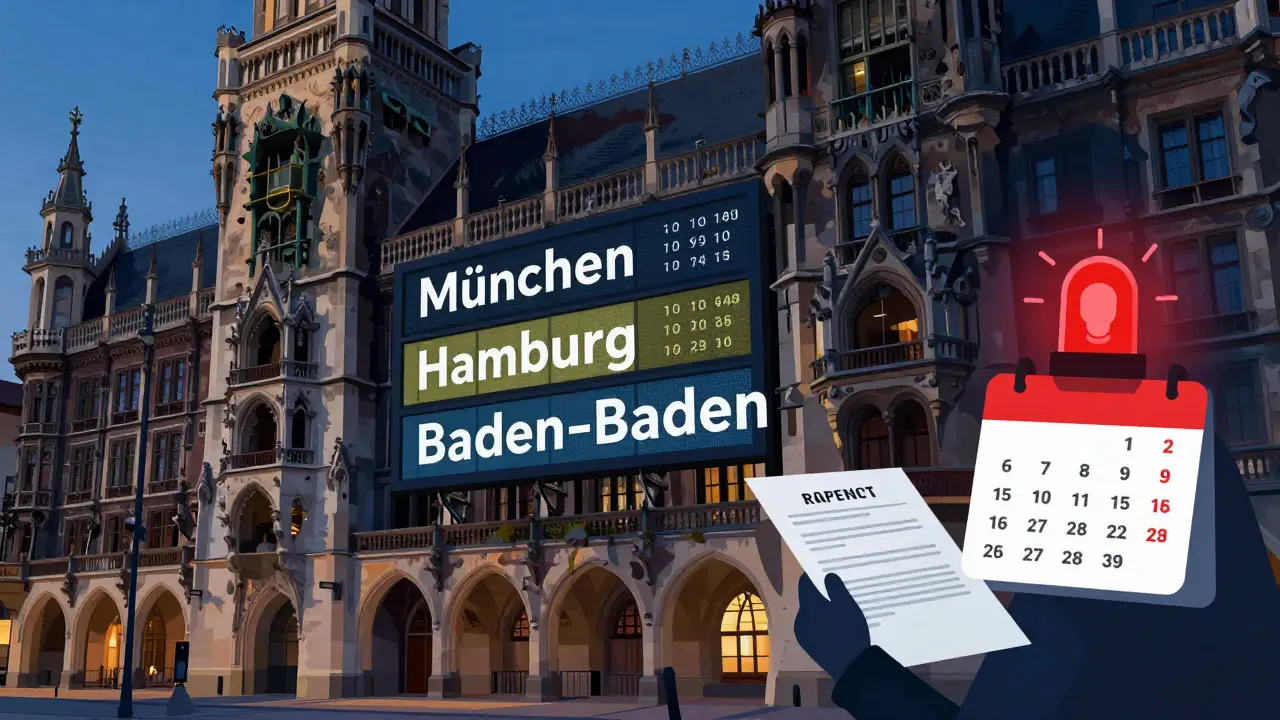 Digitale Anzeige in einem Rathaus zeigt unterschiedliche Lärmzeiten für drei deutsche Städte mit Sonn- und Feiertagsverboten.