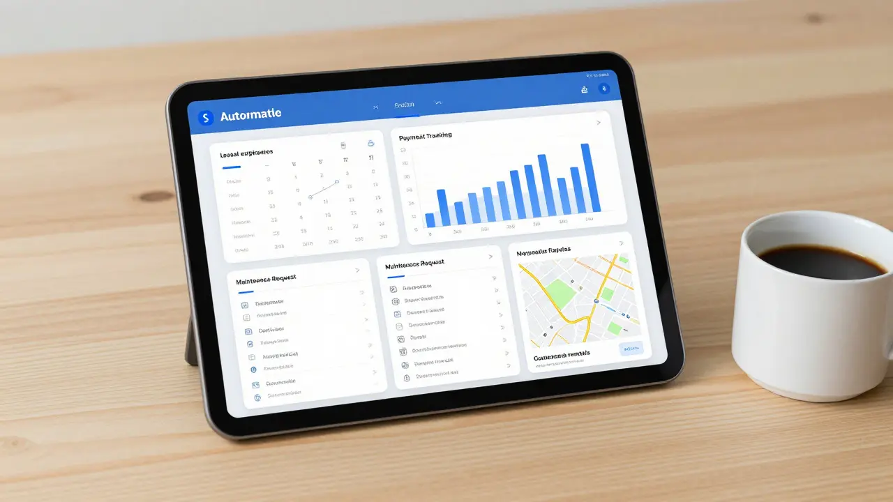 Ein digitales Dashboard mit Mietverwaltungs-Tools auf einem Tablet, dargestellt in minimalistischem Design.