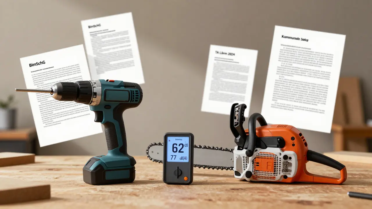 Ein elektrischer Bohrer steht neben einer benzinbetriebenen Kettensäge, mit Decibel-Messwerten und rechtlichen Dokumenten.