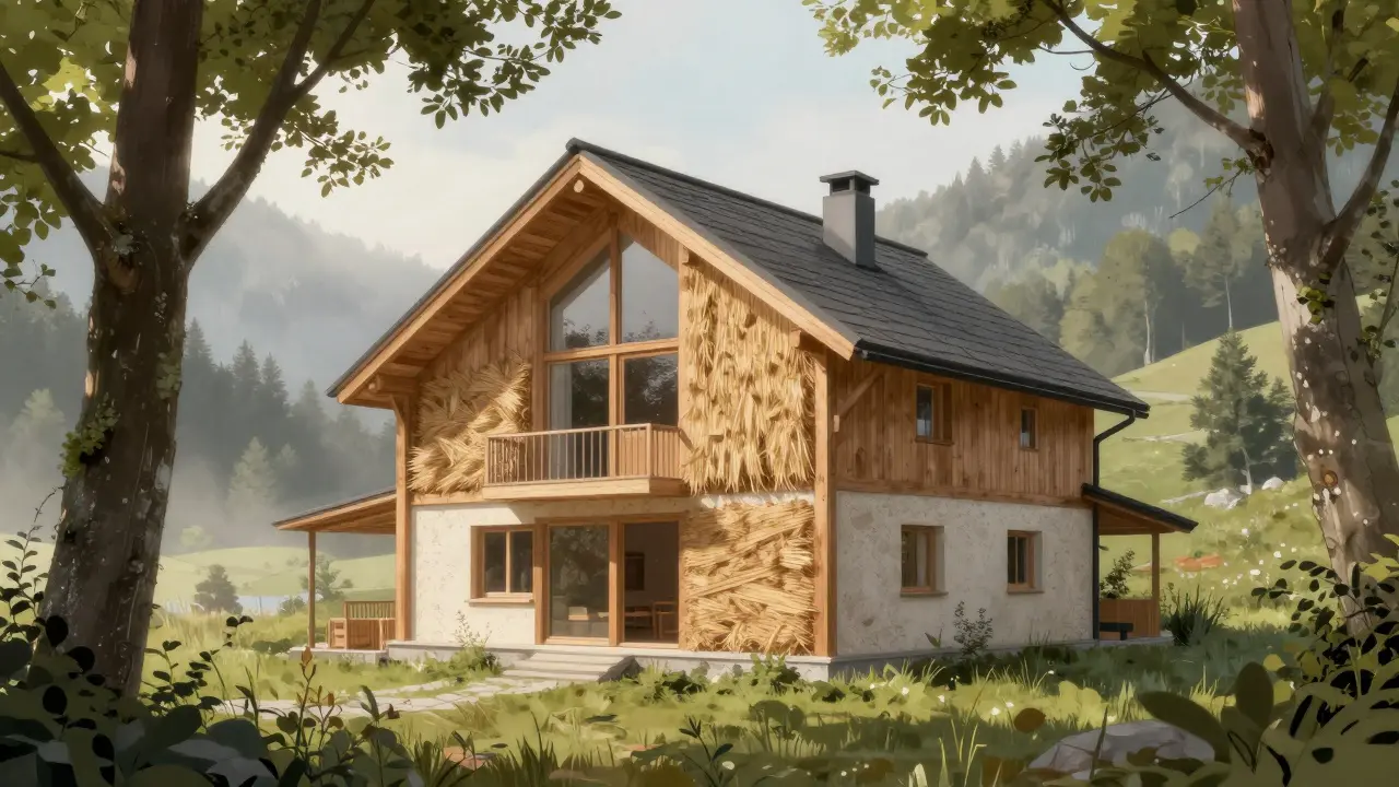 Ein Holzhaus mit natürlicher Dämmung aus Hanf, Schilf und Lehm in einer österreichischen Landschaft.