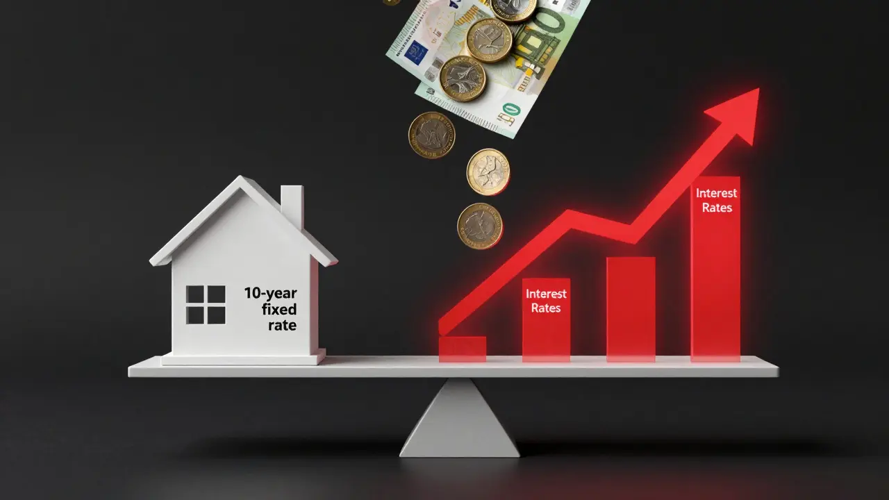 Eine Waage zeigt das Risiko kurzer Zinsbindungen gegen steigende Zinsen.