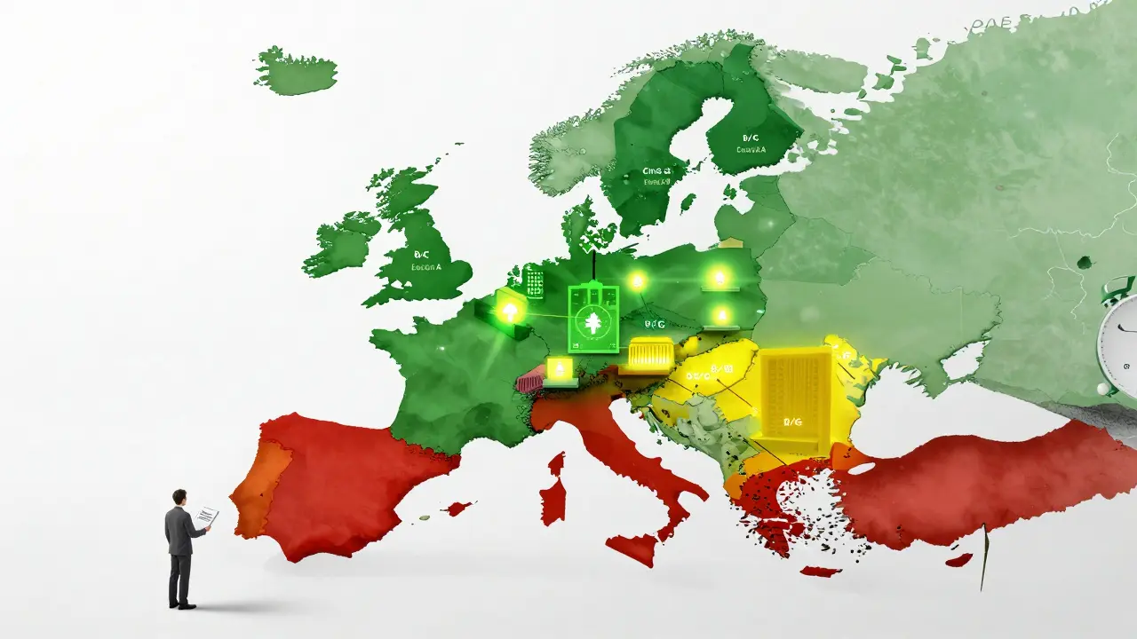Europakarte mit energieeffizienten Gebäuden in Grün und nicht-konformen in Rot, im Hintergrund Dokumente und ein Countdown bis 2026.