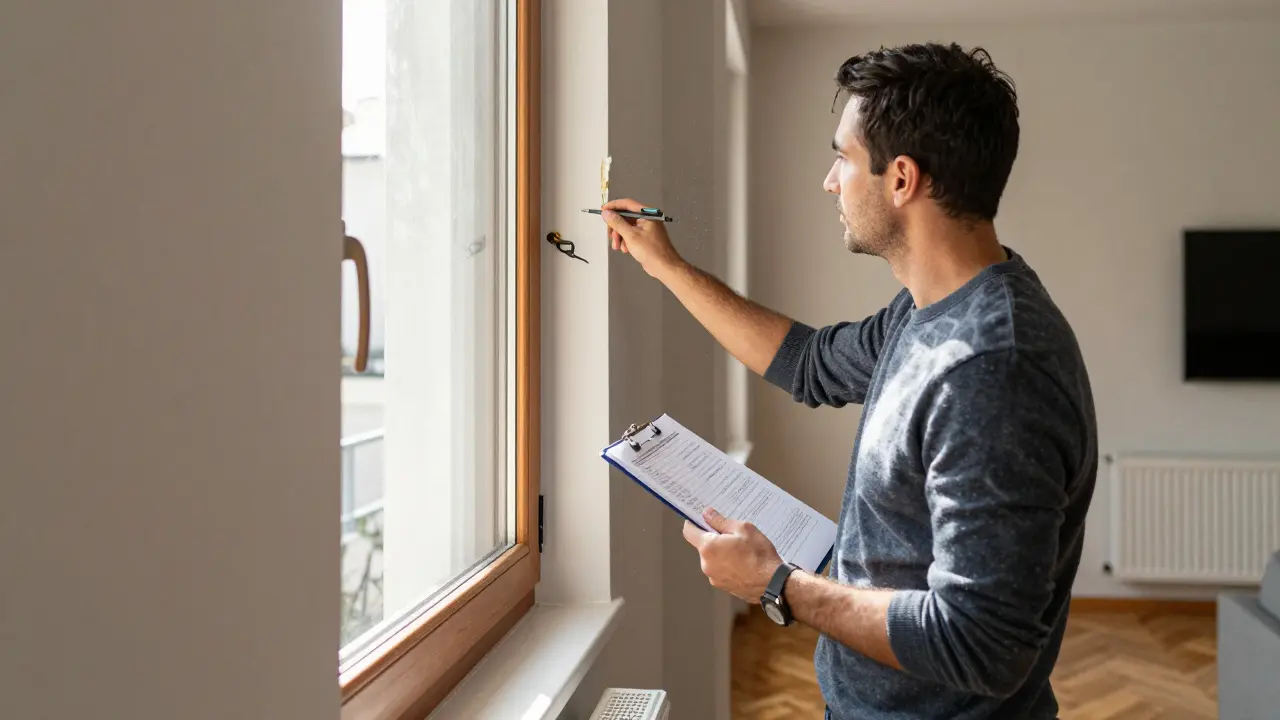 Fachmann inspiziert eine Wohnungseinrichtung für das Gutachten.