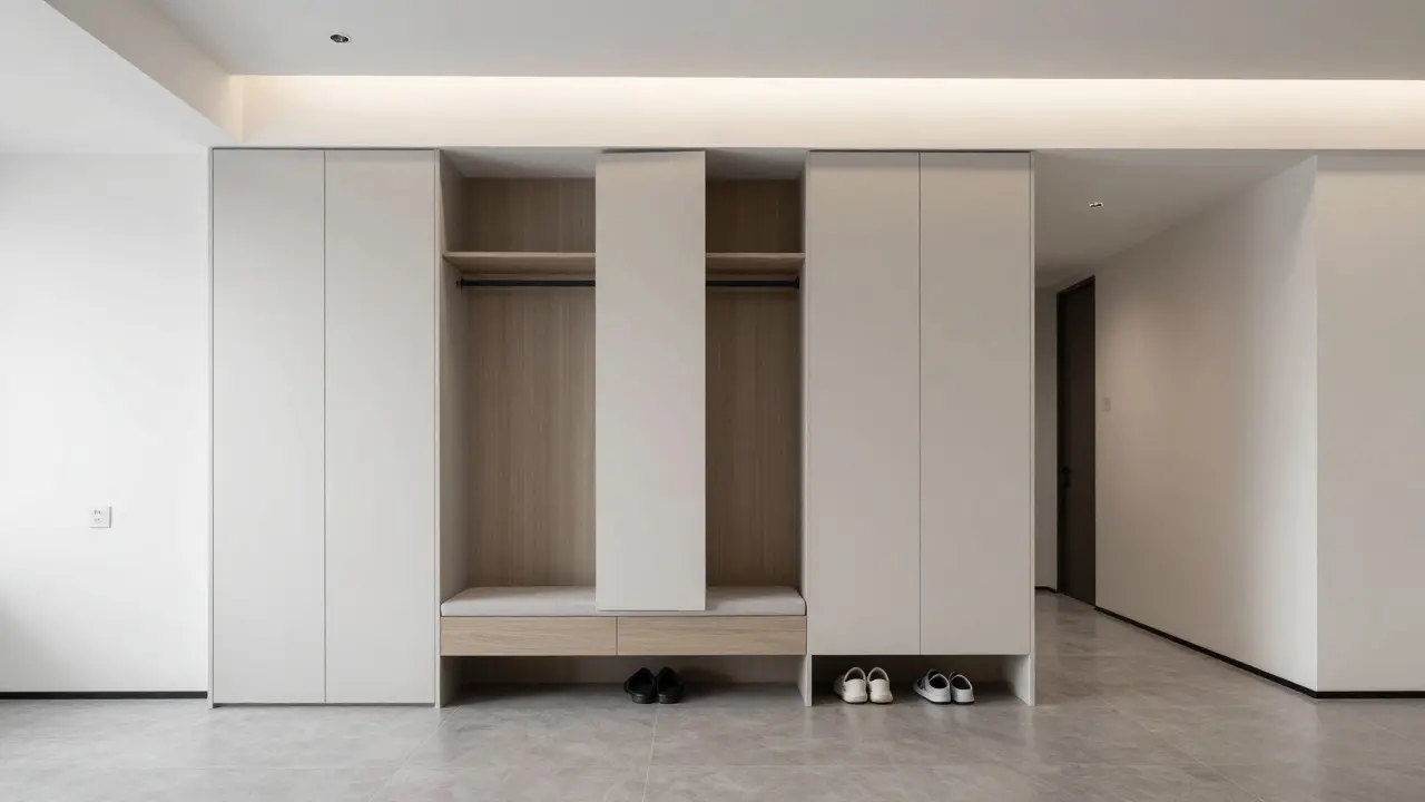 Funktionaler Flur mit geschlossenen Schränken und Sitzbank