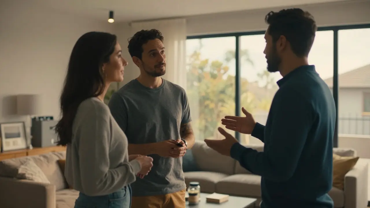 Hausbesichtigung mit Interessenten im modernen Apartment bei Sonnenlicht