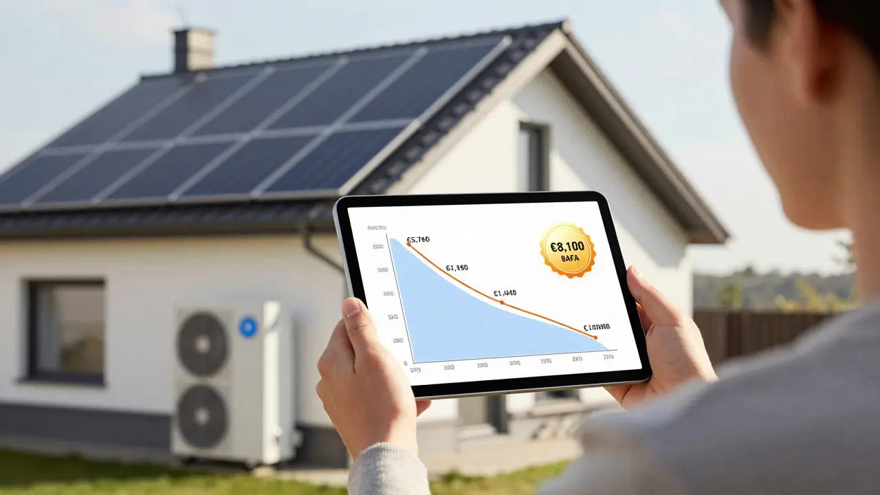 Hausbesitzerin mit Tablet, das jährliche Heizkostenersparnis durch Wärmepumpe und Förderung zeigt.