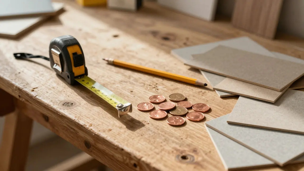 Holztisch mit Werkzeug und Münzen für Renovierungskalkulation