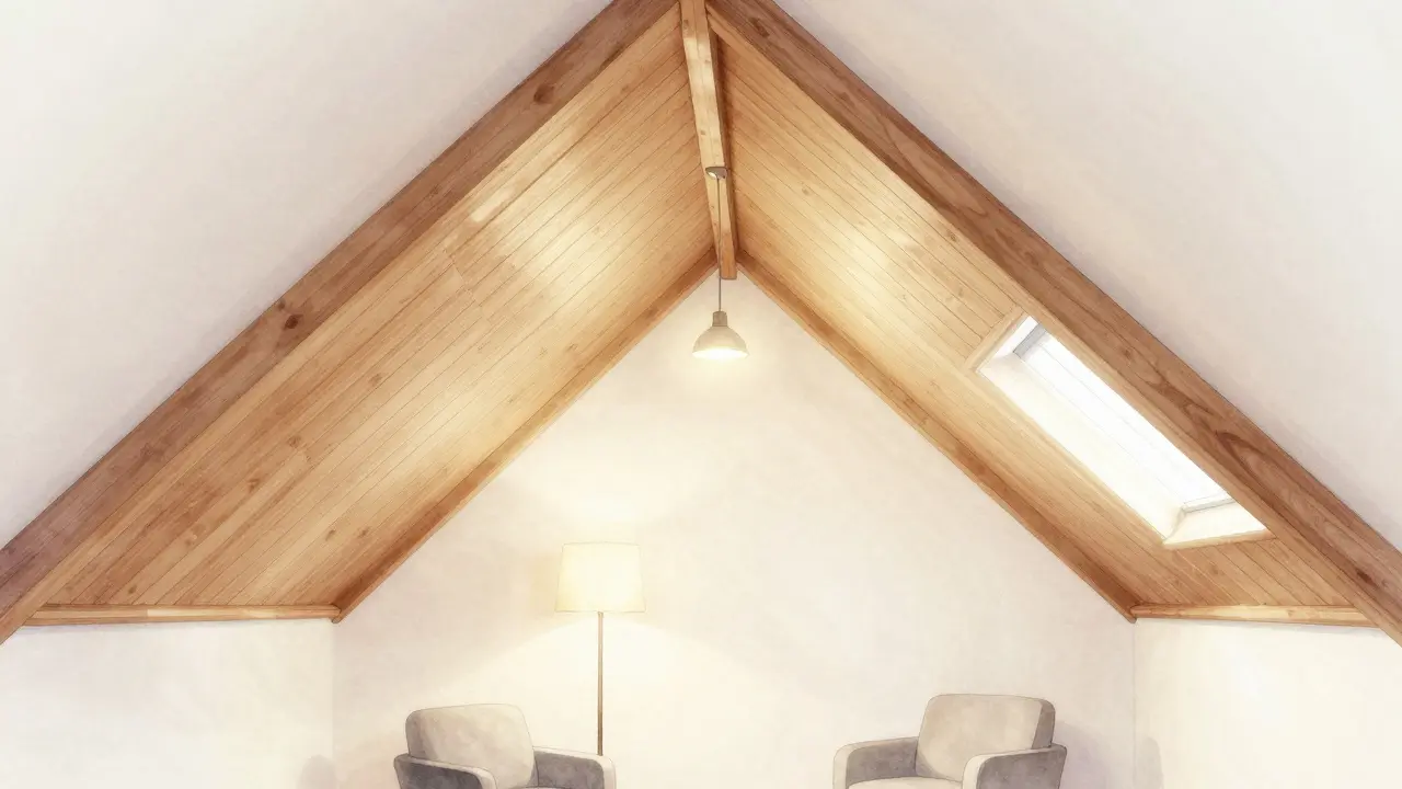 In einem Dachzimmer lenken senkrechte Holzlatten und ein Lichtpunkt an der höchsten Stelle den Blick nach oben.