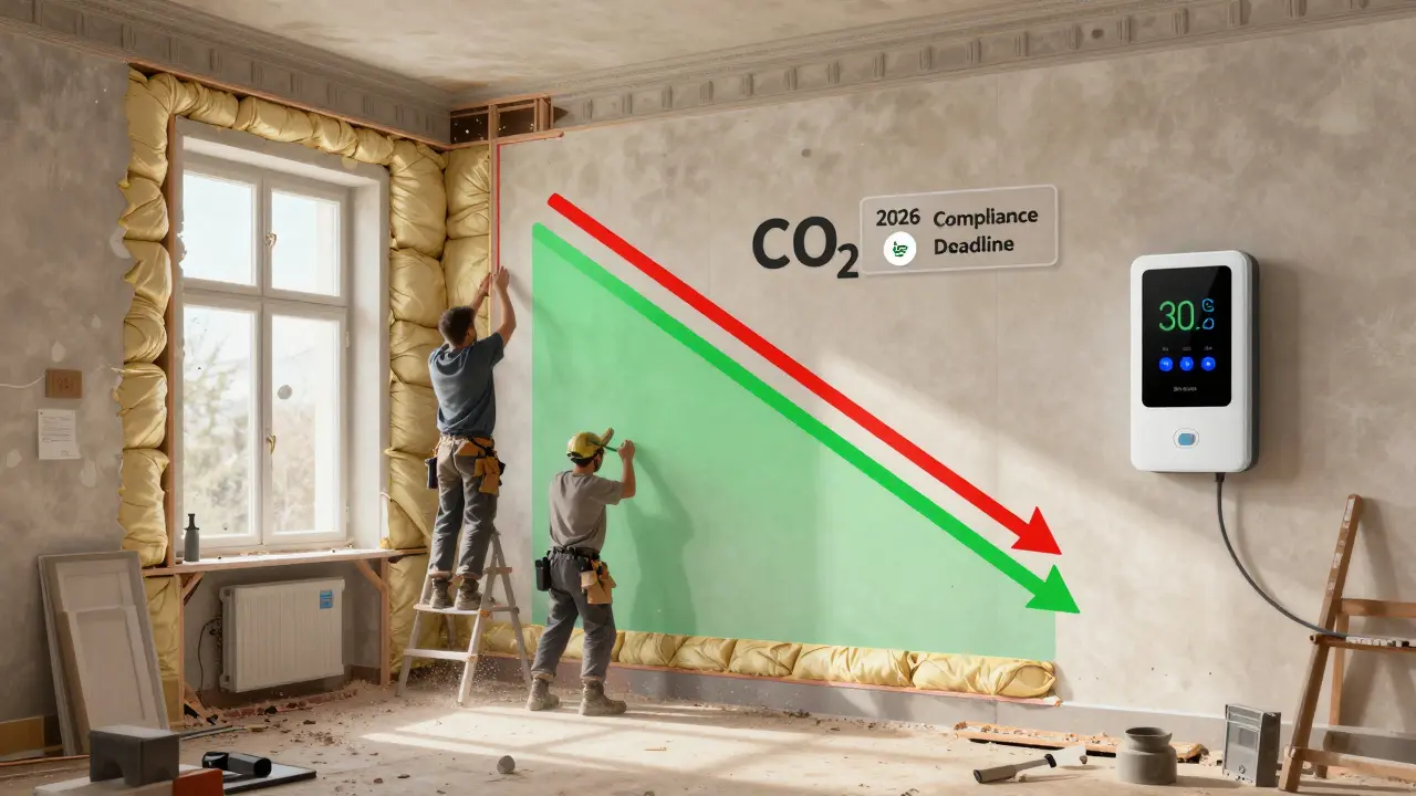 Innenaufnahme eines renovierten historischen Gebäudes mit Isolierung, neuen Fenstern und Energiemanagementsystem.