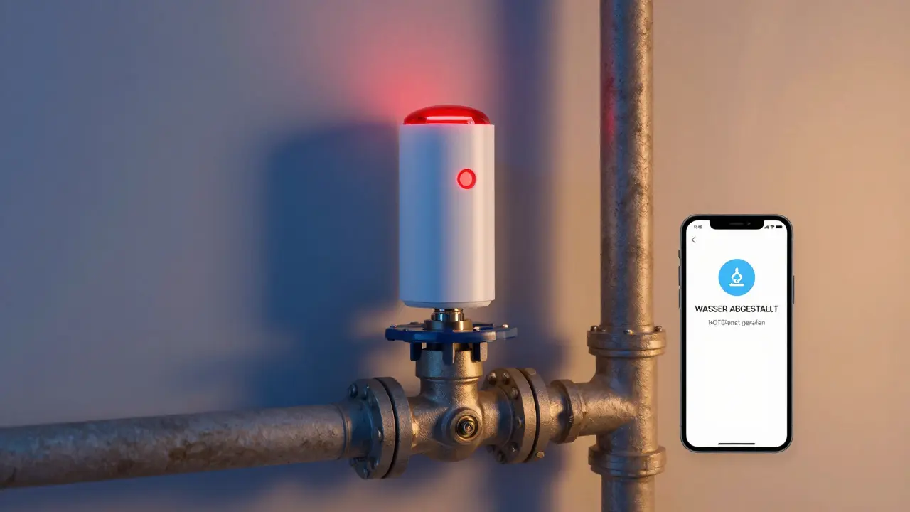 Intelligenter Wassersensor schließt automatisch das Ventil und alarmiert Besitzer und Notdienst.