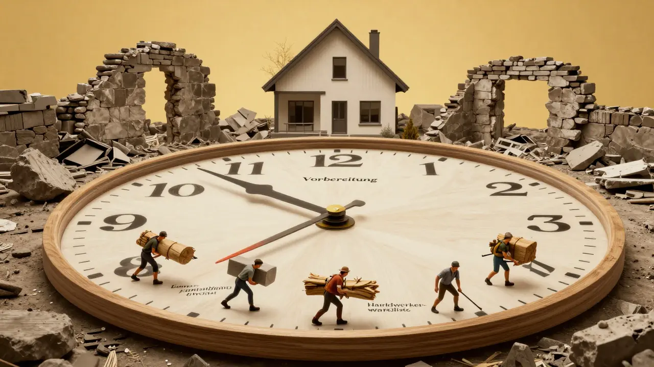 Künstlerische Darstellung einer Uhr, deren Ziffern die Renovierungsphasen zeigen, mit kleinen Figuren, die unter den Lasten von Trockenzeiten und Wartelisten kämpfen.