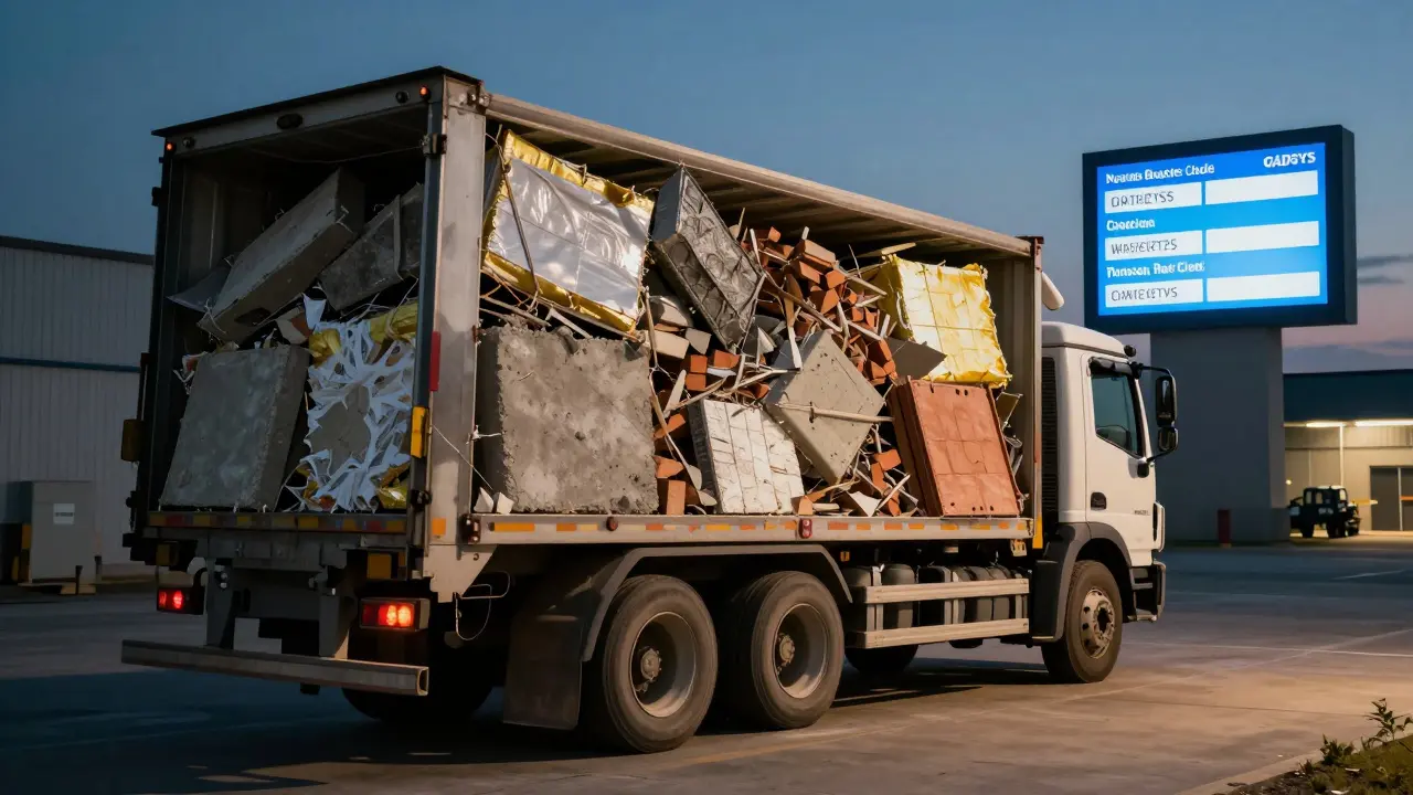 Lkw mit Baustellenabfällen wird in Entsorgungsanlage mit digitaler Nachweisüberprüfung abgewogen.