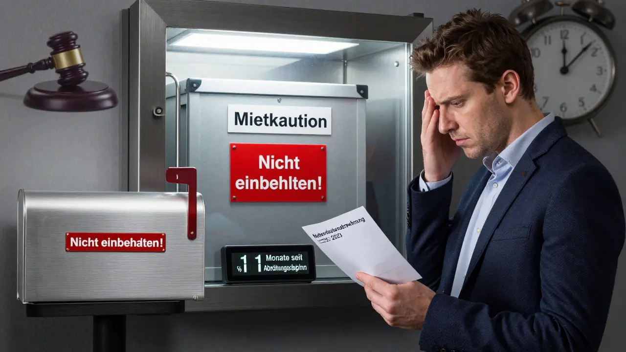 Mieter erhält Abrechnung, während Vermieter die Frist für die Kautionserstattung verpasst – symbolisch dargestellt mit Warnhinweisen.
