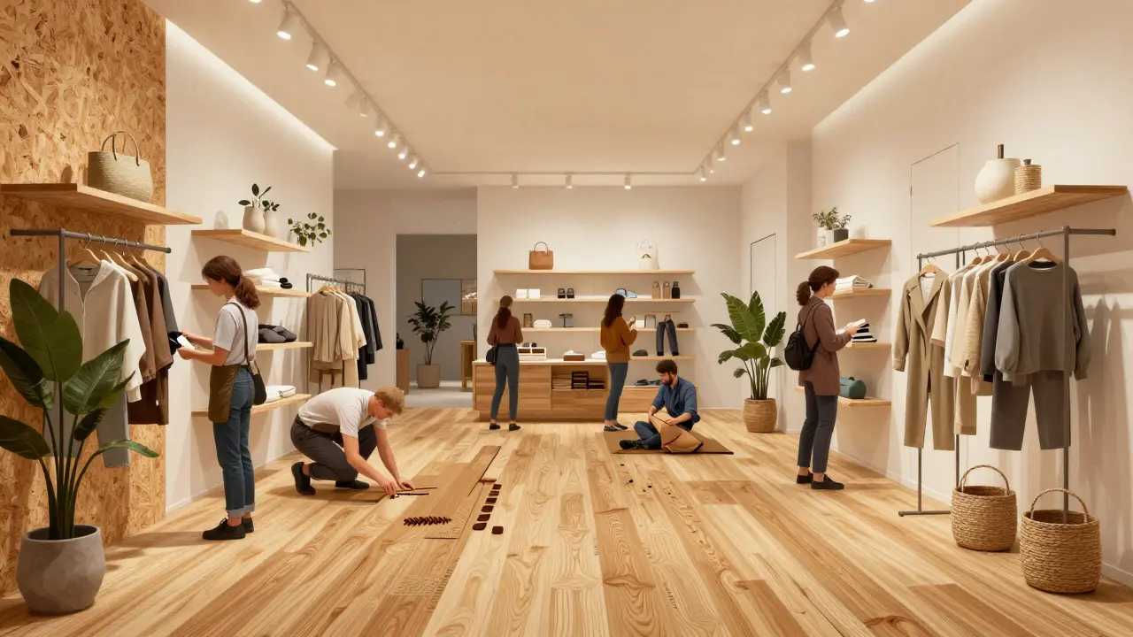 Modernes Geschäft mit natürlichen Linoleumböden und korkbeschichteten Wänden, angenehme Atmosphäre ohne Chemiegeruch.