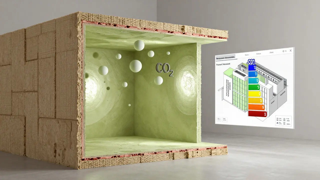 Querschnitt eines nachhaltig renovierten Gebäudes mit Hanfdämmung, Lehmputz und Kalkfarbe, die Luftqualität verbessern.
