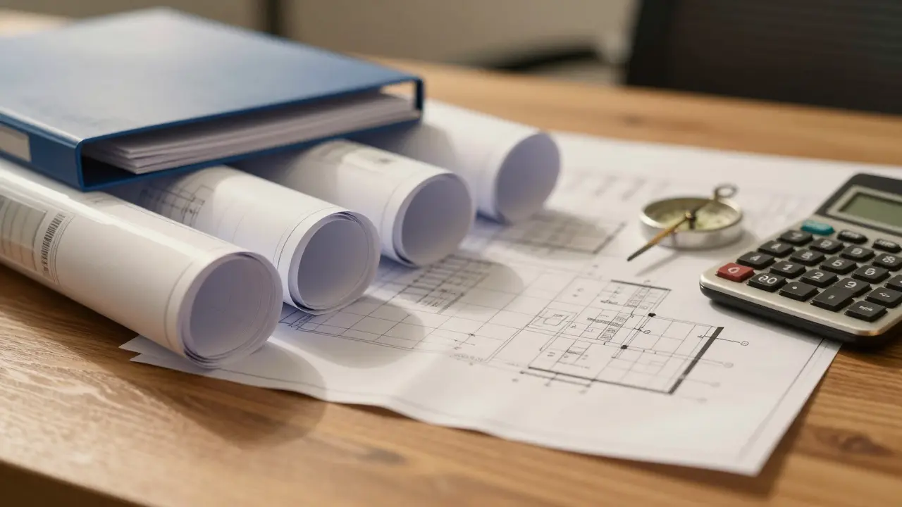 Schreibtisch mit Bauplänen und Ordner für Immobilienbewertung.