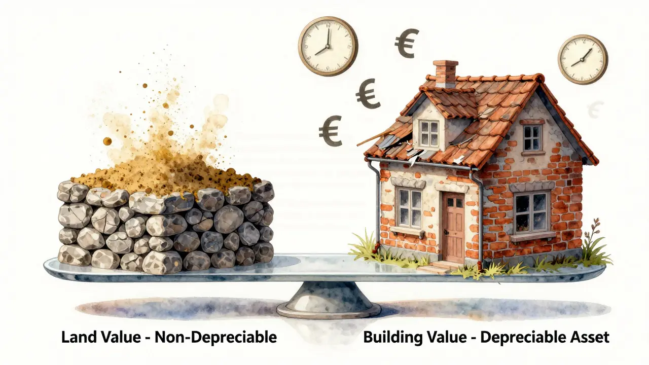 Split illustration of a house: one side is a static land foundation, the other shows a decaying building with depreciation symbols.