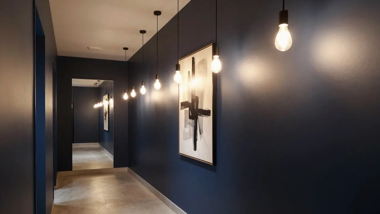 Stilvoller Flur mit dunklen Wänden und mehreren Lichtquellen