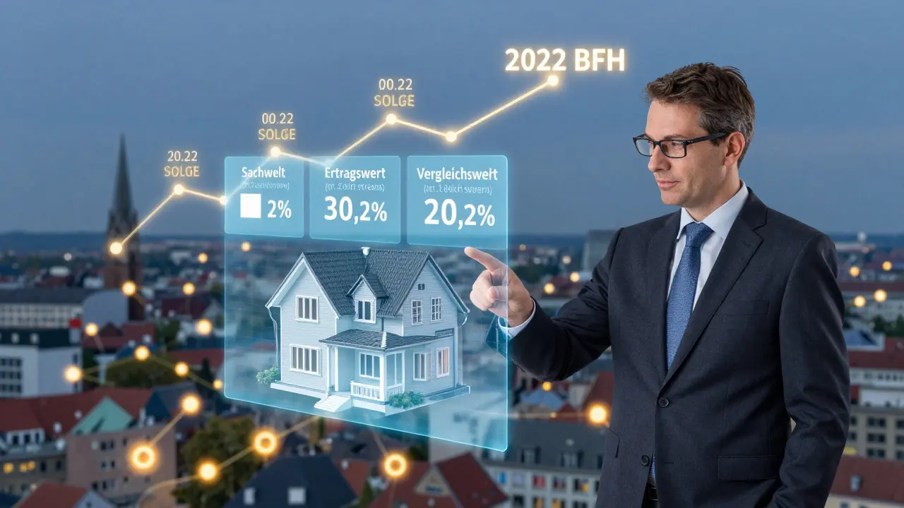 Tax advisor using a hologram to explain three methods for calculating depreciable building value of an inherited property.