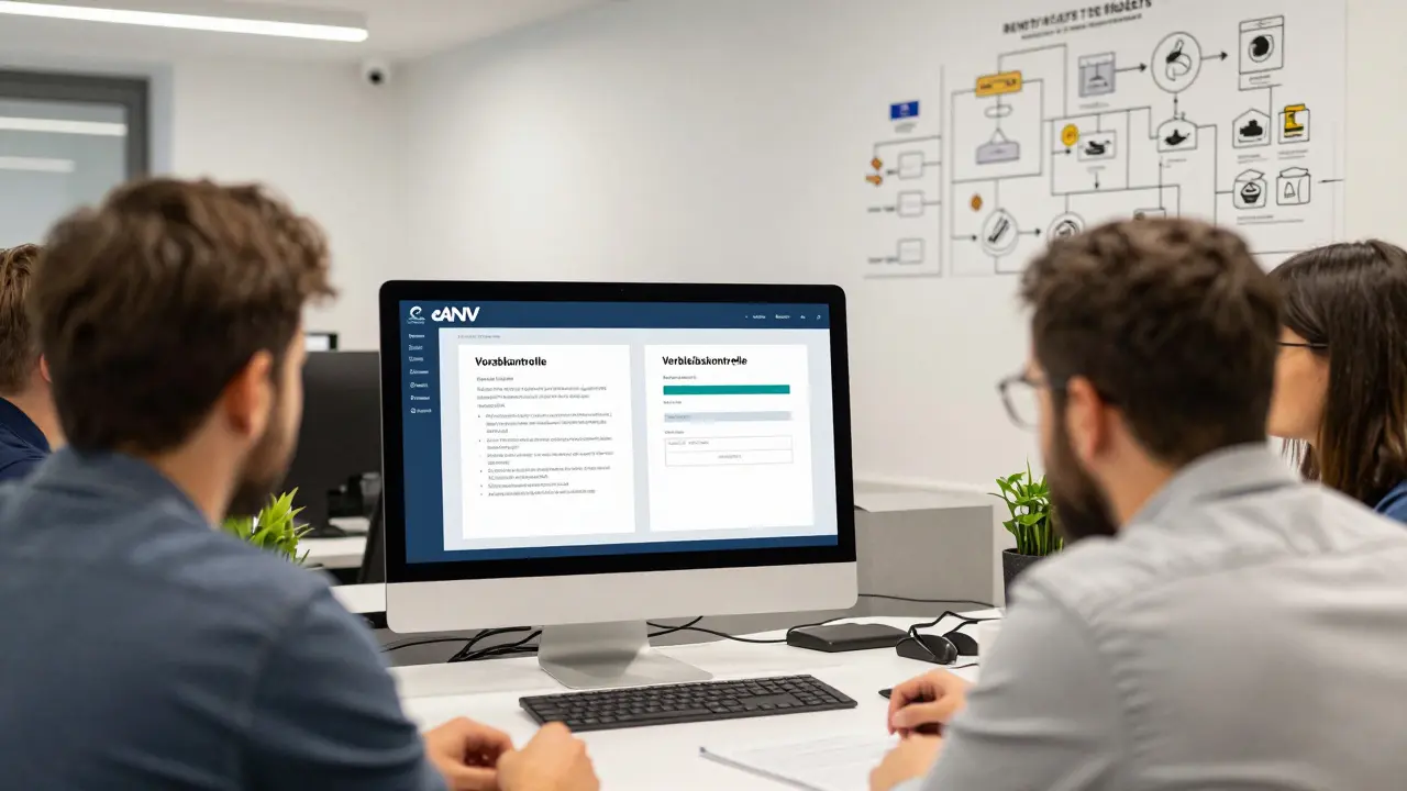 Team in einer Baufirma überprüft elektronische Abfallnachweise am Computerbildschirm.